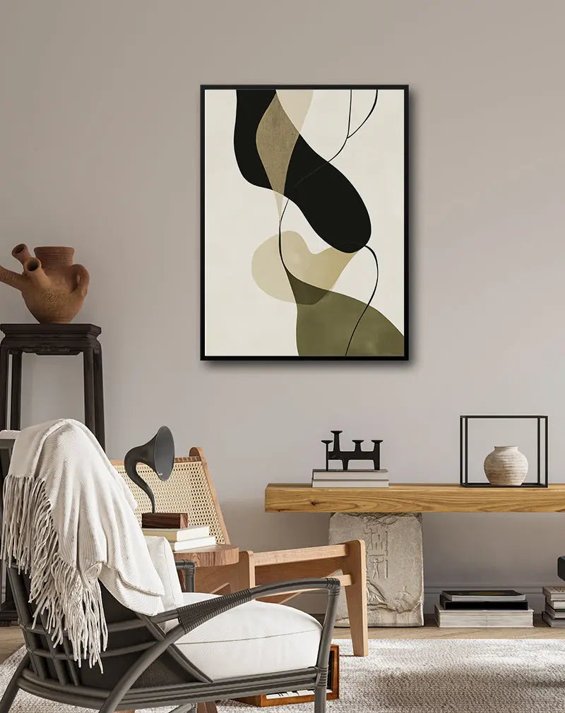 A modern abstract illustration featuring flowing organic shapes in earthy tones of beige, black, and green, with fine line details.