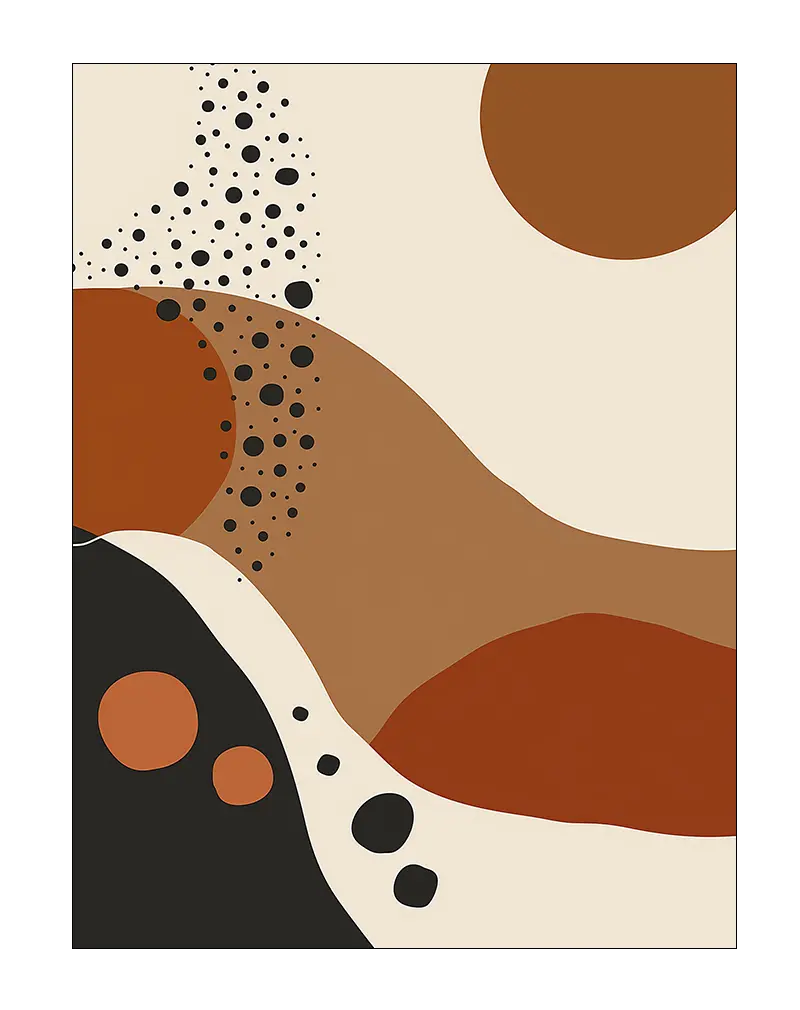 An abstract illustration with earth tones and dotted accents. Ideal wall art for contemporary decor