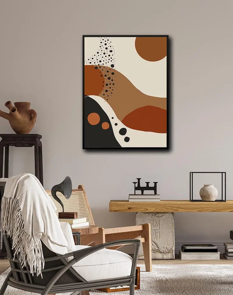 An abstract illustration with earth tones and dotted accents. Ideal wall art for contemporary decor