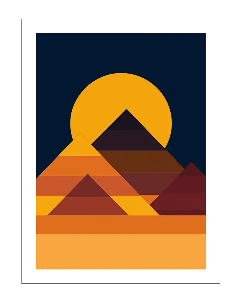 A minimalist geometric illustration of pyramids at sunset, with bold orange and dark tones. Perfect wall art to add a touch of warmth and abstract design to any space