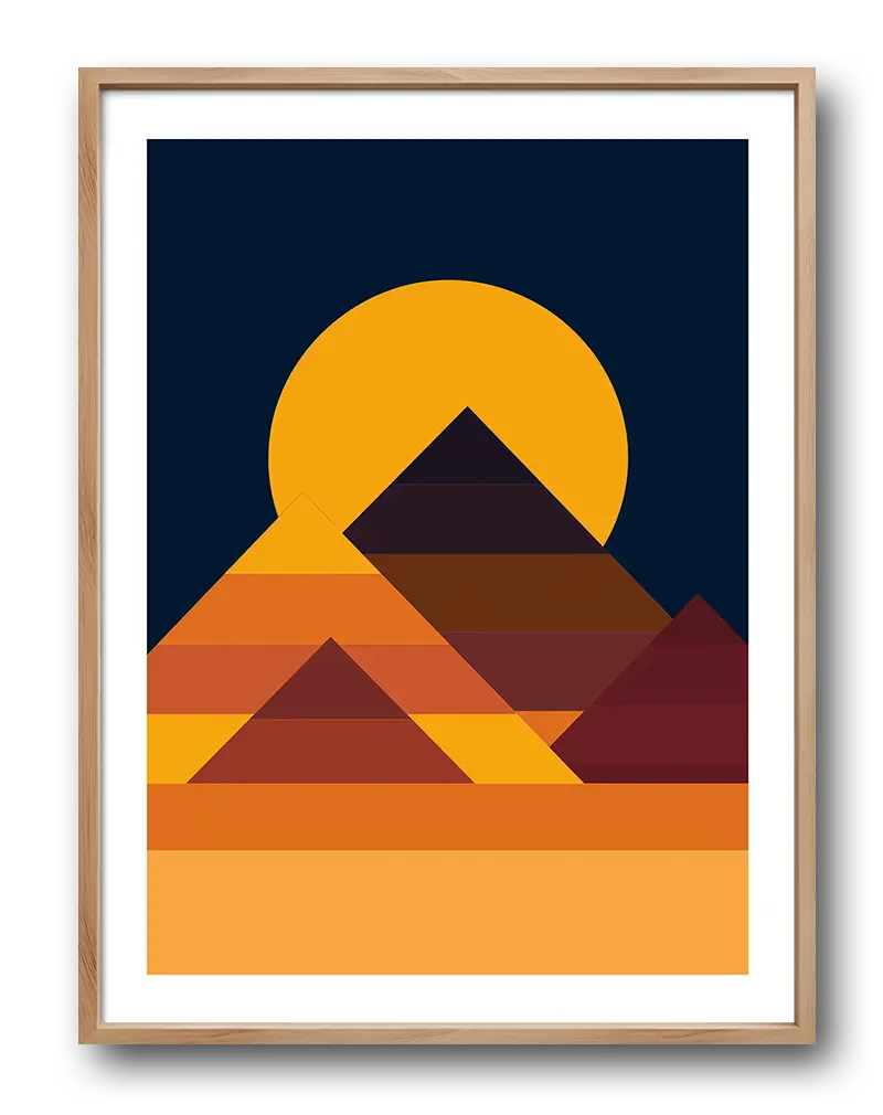 A minimalist geometric illustration of pyramids at sunset, with bold orange and dark tones. Perfect wall art to add a touch of warmth and abstract design to any space