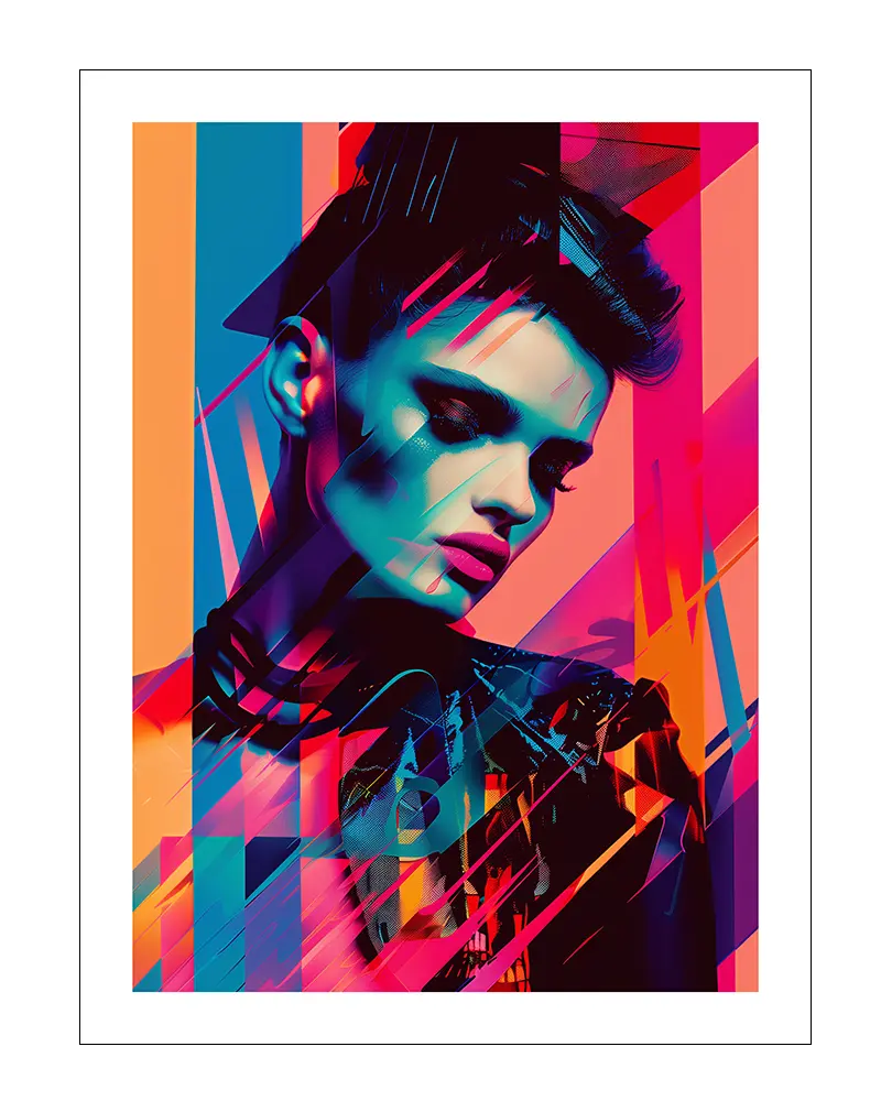 A vibrant neon portrait illustration with abstract shapes and dynamic colors, blending pinks, blues, and oranges. Perfect wall art to add an edgy, modern touch to any interior space