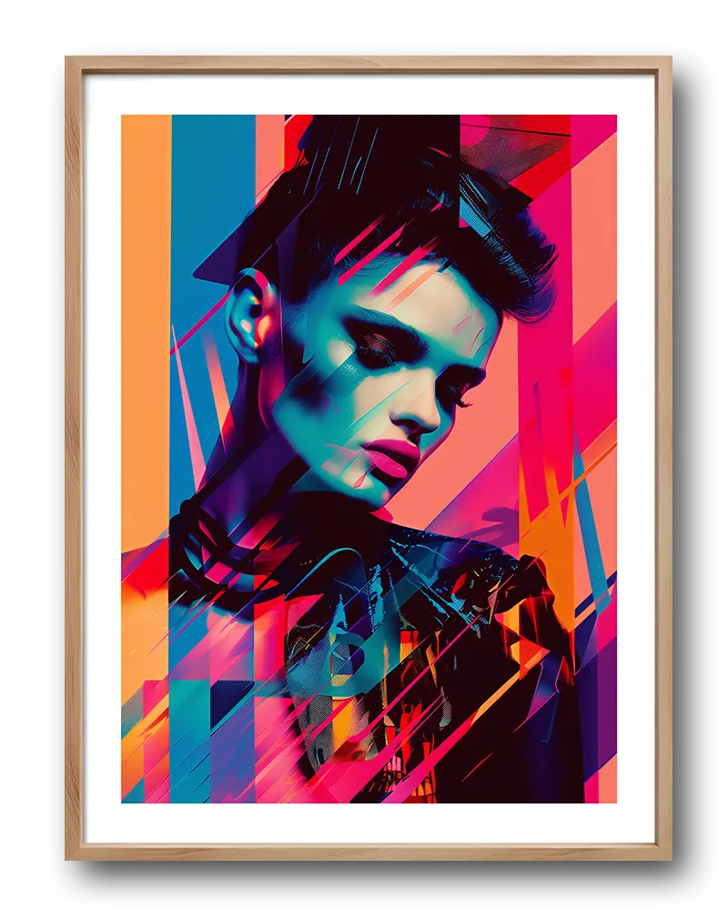 A vibrant neon portrait illustration with abstract shapes and dynamic colors, blending pinks, blues, and oranges. Perfect wall art to add an edgy, modern touch to any interior space