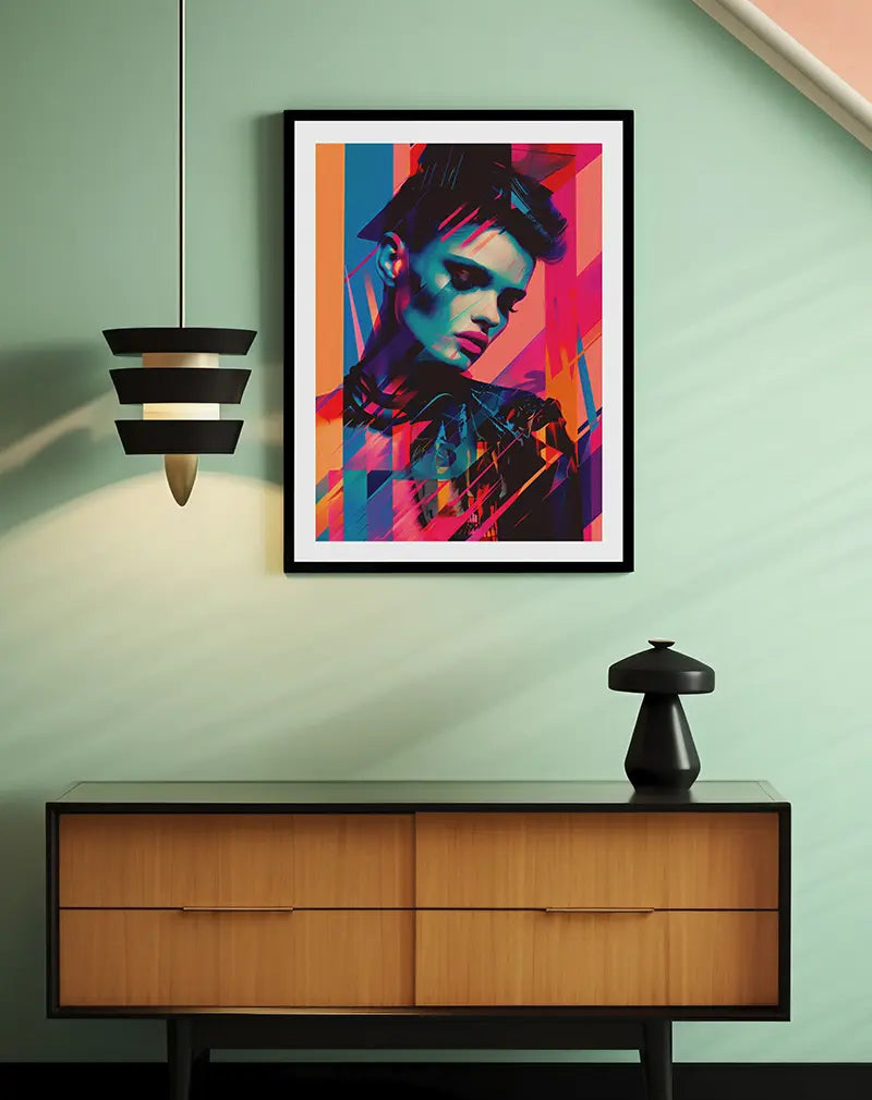 A vibrant neon portrait illustration with abstract shapes and dynamic colors, blending pinks, blues, and oranges. Perfect wall art to add an edgy, modern touch to any interior space