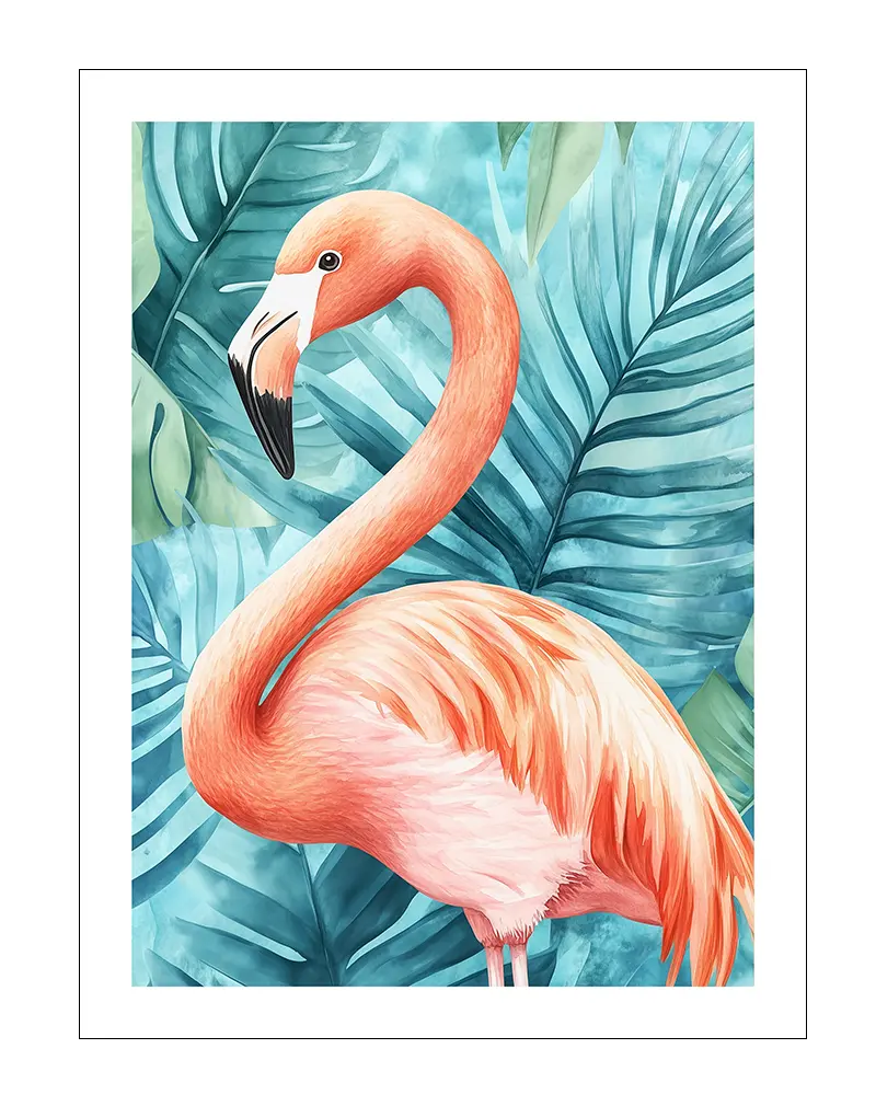 A vibrant flamingo illustration with lush tropical leaves in the background, featuring soft pinks and bright teal greens. Perfect wall art for bringing a touch of nature and elegance to your space