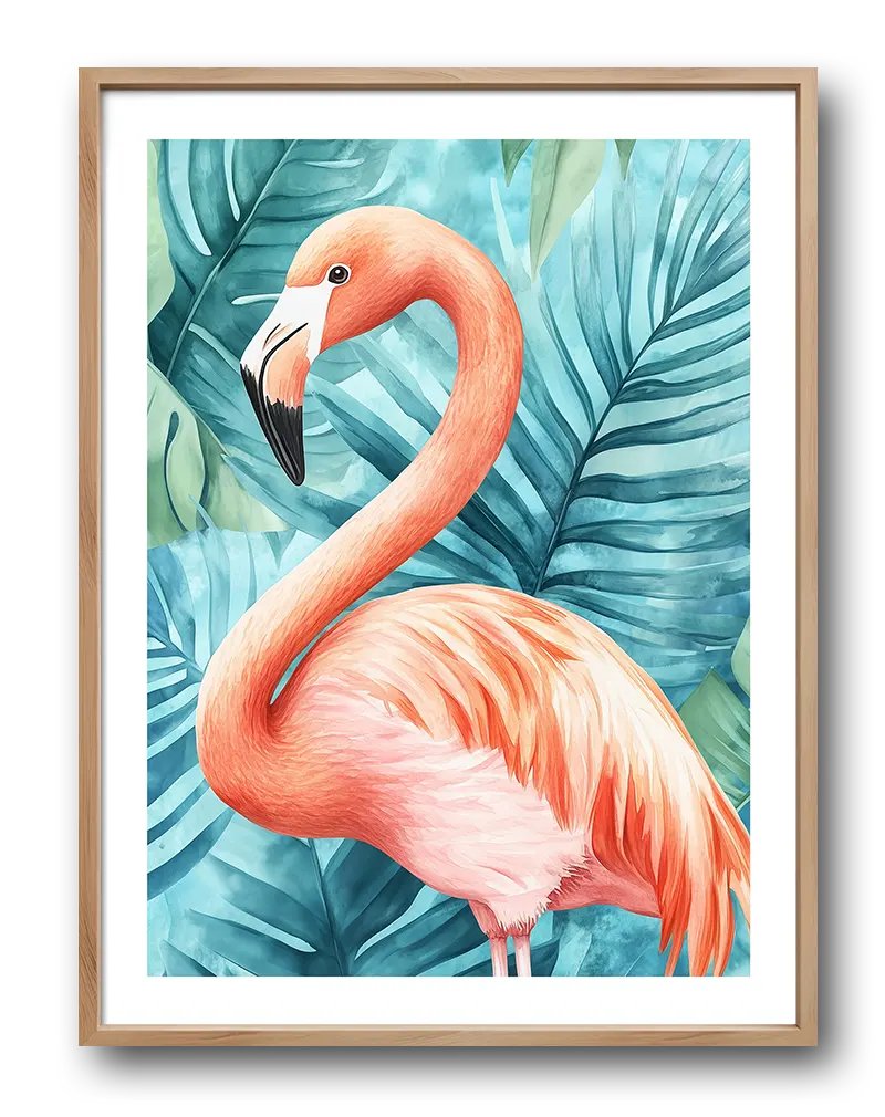 A vibrant flamingo illustration with lush tropical leaves in the background, featuring soft pinks and bright teal greens. Perfect wall art for bringing a touch of nature and elegance to your space