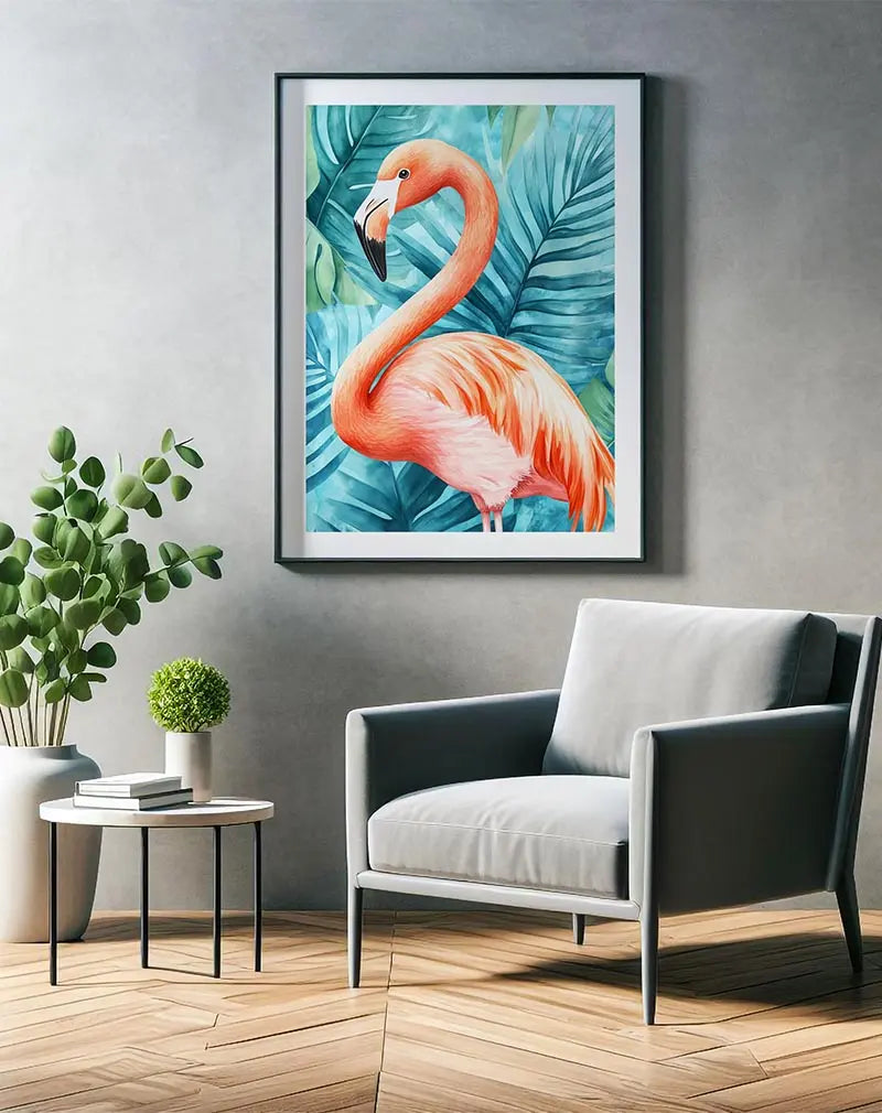 A vibrant flamingo illustration with lush tropical leaves in the background, featuring soft pinks and bright teal greens. Perfect wall art for bringing a touch of nature and elegance to your space