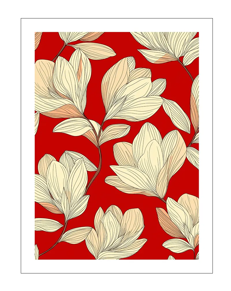 A beautiful floral illustration featuring light cream-colored flowers against a bold red background. This wall art adds a touch of elegance and nature to any room with its striking contrast