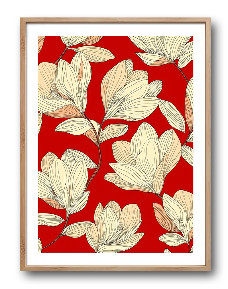 A beautiful floral illustration featuring light cream-colored flowers against a bold red background. This wall art adds a touch of elegance and nature to any room with its striking contrast