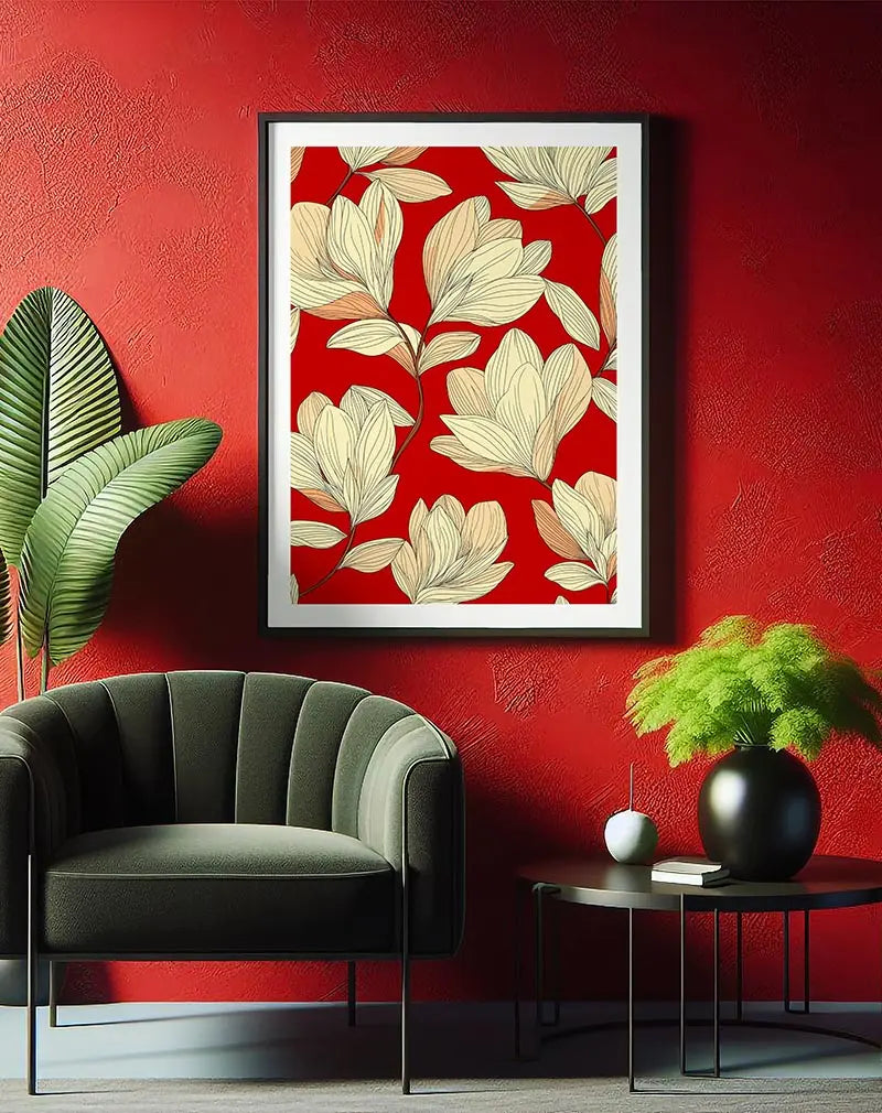 A beautiful floral illustration featuring light cream-colored flowers against a bold red background. This wall art adds a touch of elegance and nature to any room with its striking contrast