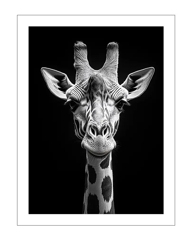 A stunning black and white portrait of a giraffe, capturing its unique facial features and elegant patterns.