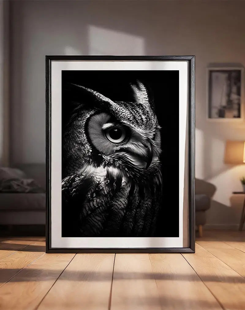 A captivating black and white portrait of an owl with striking patterns and a focused gaze, highlighting its intricate feathers