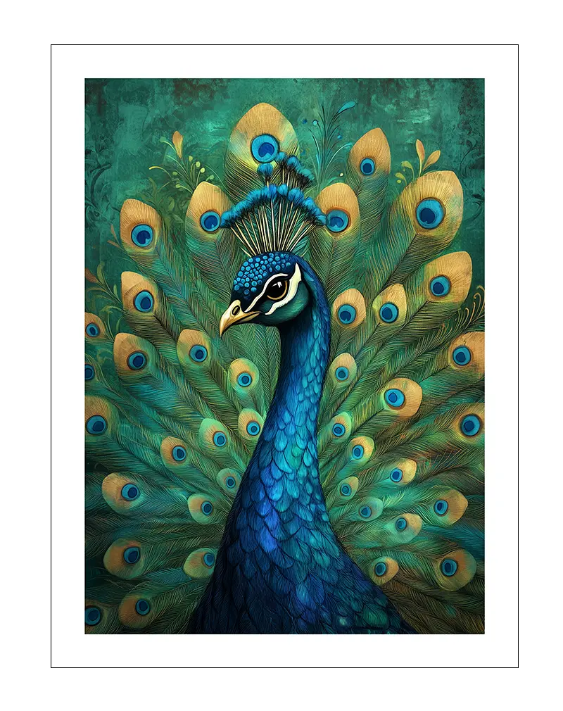 An elegant illustration of a peacock displaying its vibrant blue and green feathers in full spread. This wall art brings sophistication and nature’s beauty to any space, ideal for adding a touch of exotic charm