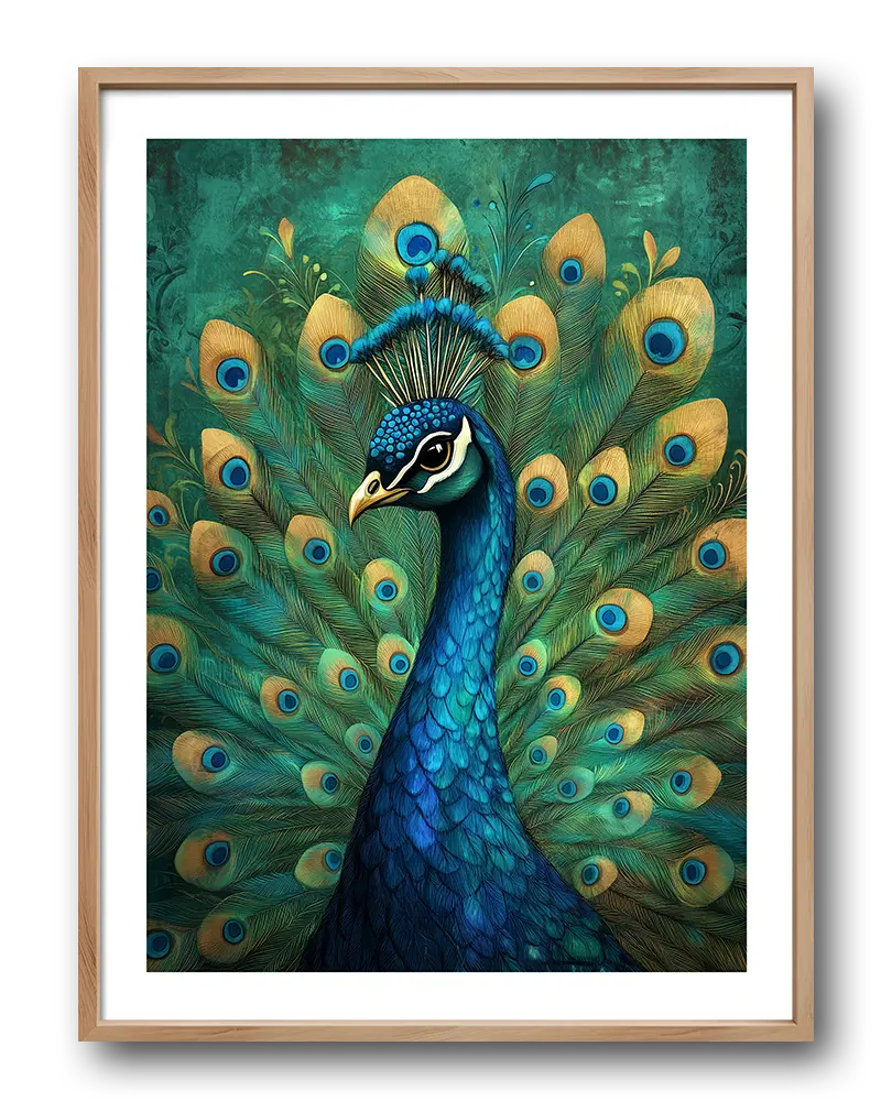 An elegant illustration of a peacock displaying its vibrant blue and green feathers in full spread. This wall art brings sophistication and nature’s beauty to any space, ideal for adding a touch of exotic charm