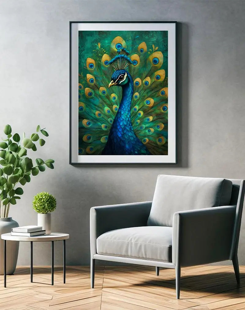 An elegant illustration of a peacock displaying its vibrant blue and green feathers in full spread. This wall art brings sophistication and nature’s beauty to any space, ideal for adding a touch of exotic charm