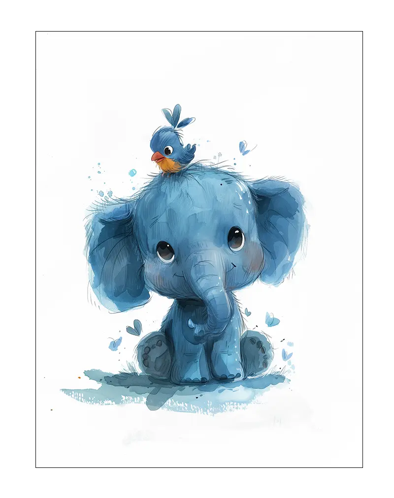 A cute illustration of a baby blue elephant with a small bird perched on its head, surrounded by little hearts and butterflies. Perfect wall art for a nursery or kids' room, adding a playful and heartwarming touch