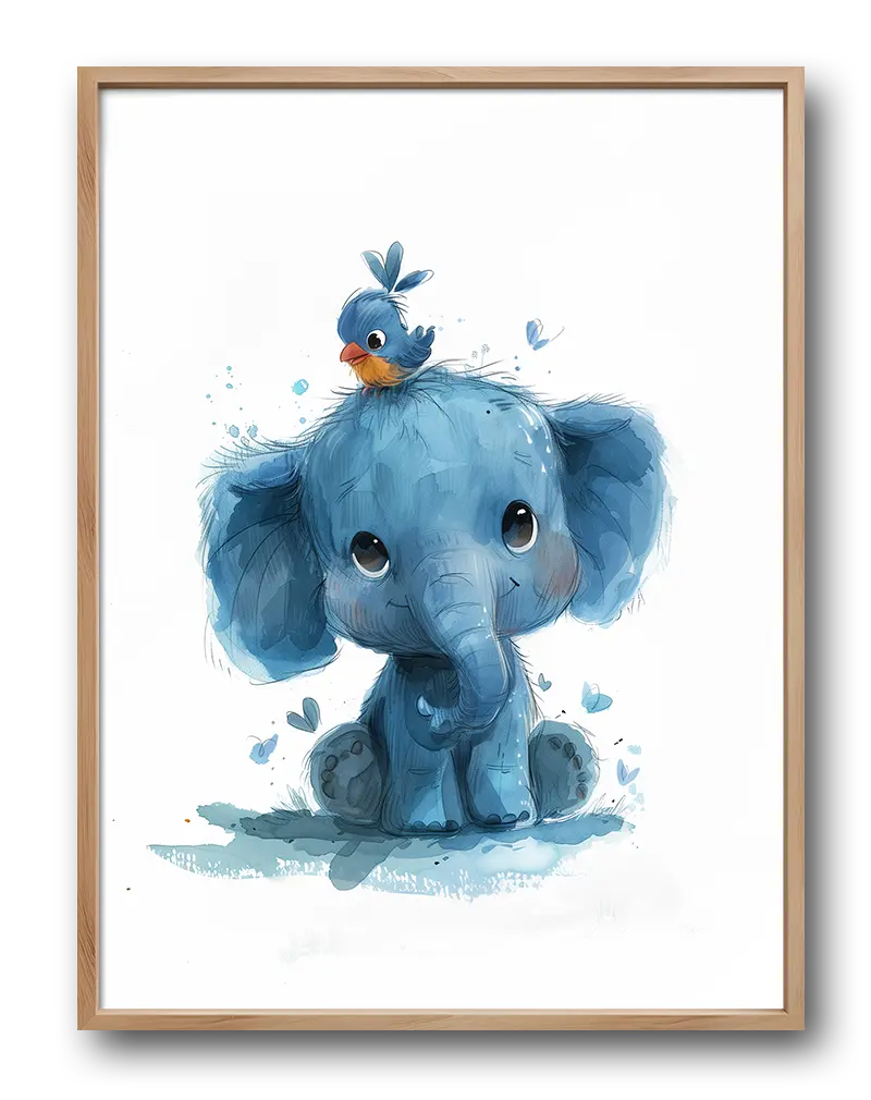 A cute illustration of a baby blue elephant with a small bird perched on its head, surrounded by little hearts and butterflies. Perfect wall art for a nursery or kids' room, adding a playful and heartwarming touch