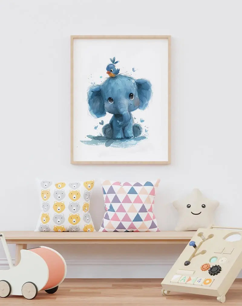 A cute illustration of a baby blue elephant with a small bird perched on its head, surrounded by little hearts and butterflies. Perfect wall art for a nursery or kids' room, adding a playful and heartwarming touch