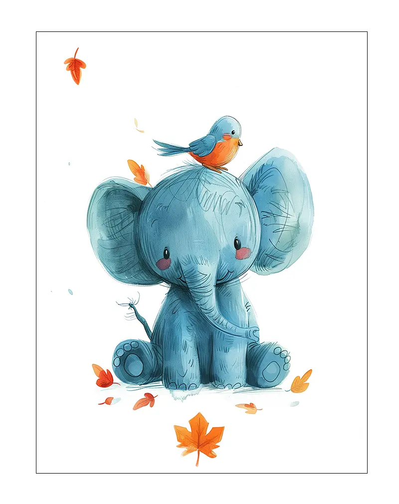 A charming illustration of a blue baby elephant with a bird sitting on its head, surrounded by falling autumn leaves. Perfect wall art for a nursery or kids' room, adding a warm and playful vibe to the space