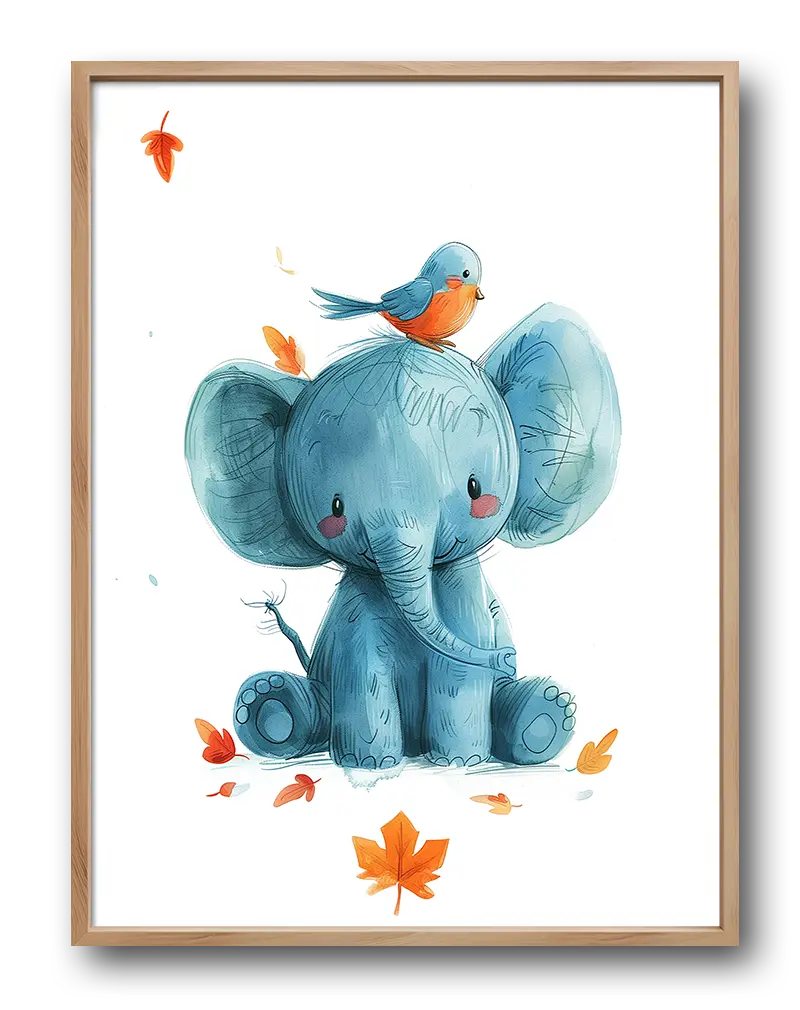 A charming illustration of a blue baby elephant with a bird sitting on its head, surrounded by falling autumn leaves. Perfect wall art for a nursery or kids' room, adding a warm and playful vibe to the space