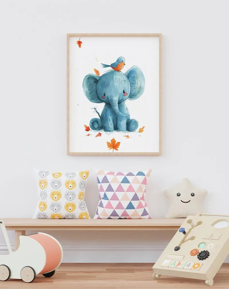 A charming illustration of a blue baby elephant with a bird sitting on its head, surrounded by falling autumn leaves. Perfect wall art for a nursery or kids' room, adding a warm and playful vibe to the space