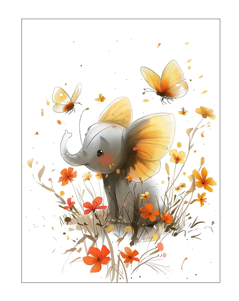 An adorable illustration of a baby elephant with butterfly wings, surrounded by vibrant orange flowers and butterflies. Perfect wall art for a nursery or kids' room, bringing a magical and whimsical touch to any space