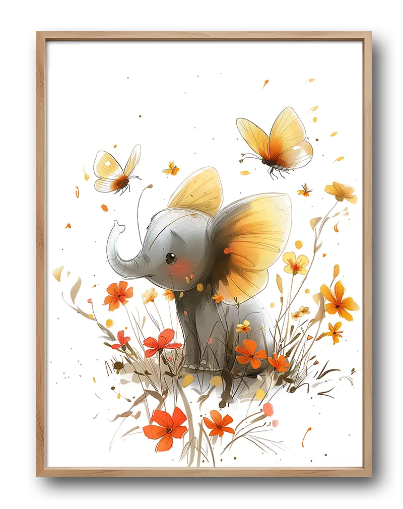 An adorable illustration of a baby elephant with butterfly wings, surrounded by vibrant orange flowers and butterflies. Perfect wall art for a nursery or kids' room, bringing a magical and whimsical touch to any space