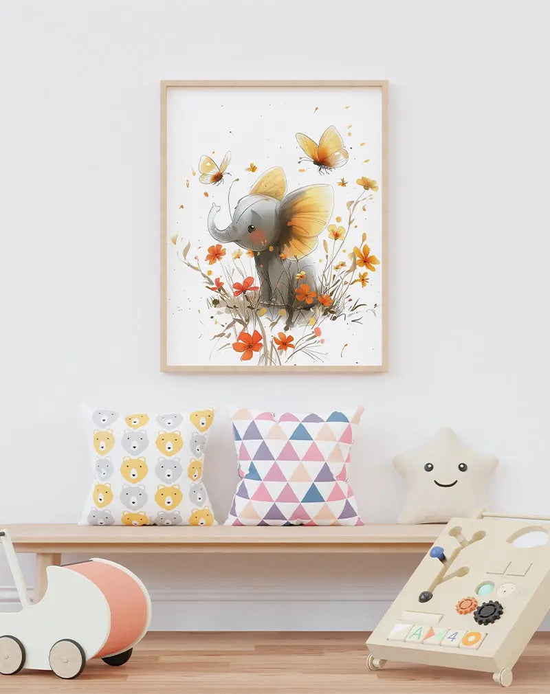 An adorable illustration of a baby elephant with butterfly wings, surrounded by vibrant orange flowers and butterflies. Perfect wall art for a nursery or kids' room, bringing a magical and whimsical touch to any space