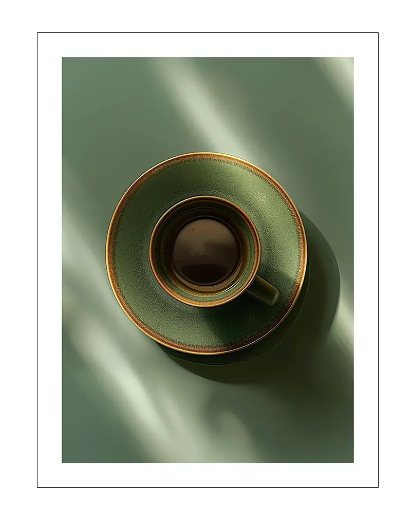 A minimalist view of a green ceramic teacup and saucer, captured from above with soft sunlight casting shadows. Perfect wall art for creating a calming and elegant ambiance in your kitchen or dining area