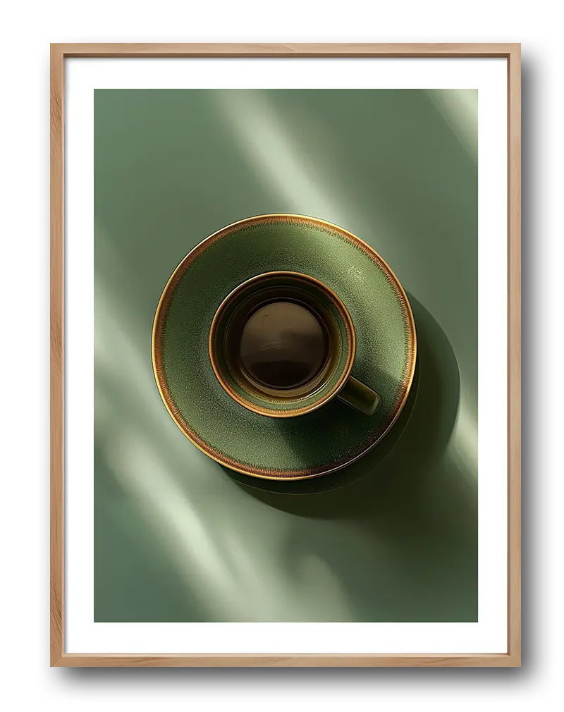 A minimalist view of a green ceramic teacup and saucer, captured from above with soft sunlight casting shadows. Perfect wall art for creating a calming and elegant ambiance in your kitchen or dining area