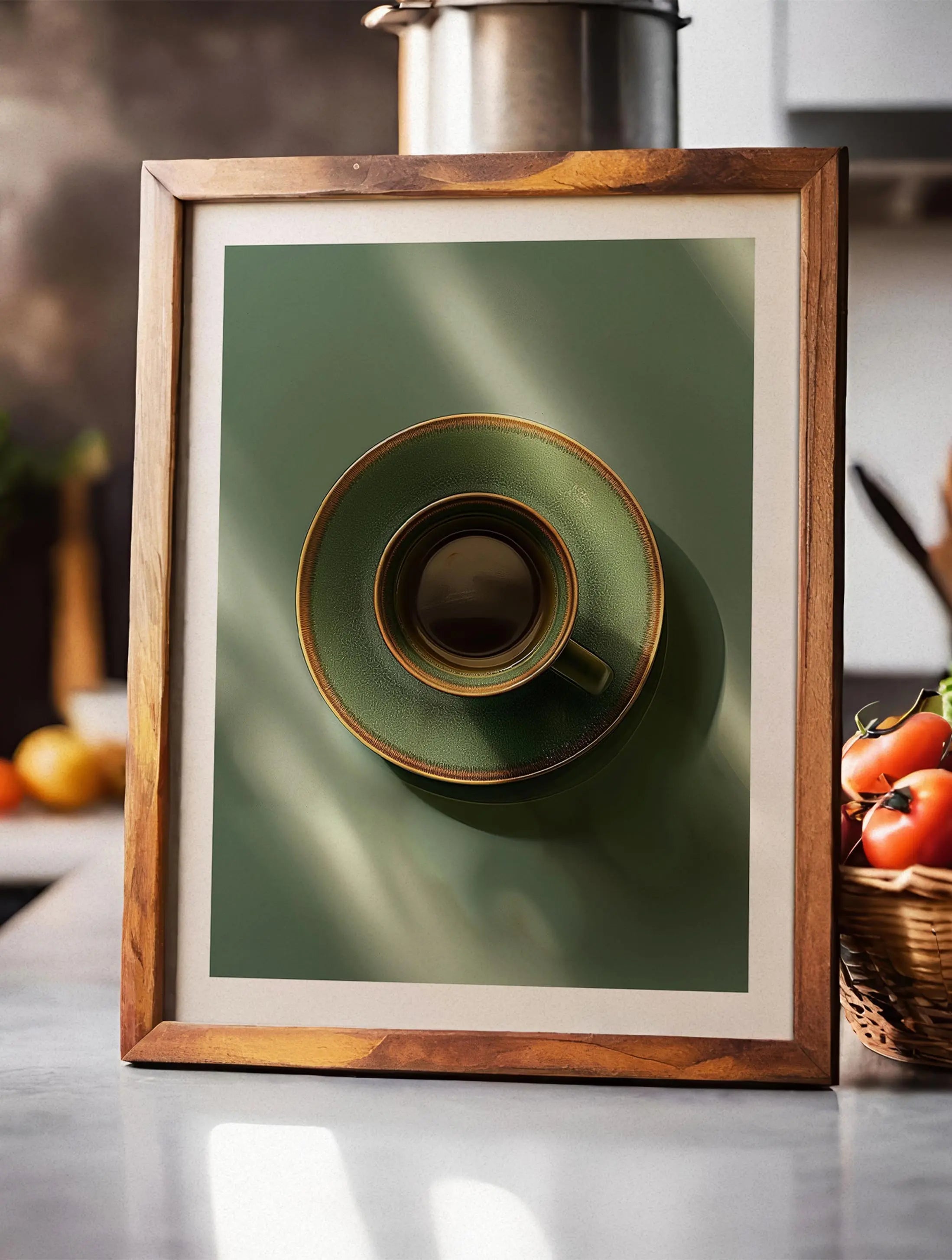 A minimalist view of a green ceramic teacup and saucer, captured from above with soft sunlight casting shadows. Perfect wall art for creating a calming and elegant ambiance in your kitchen or dining area