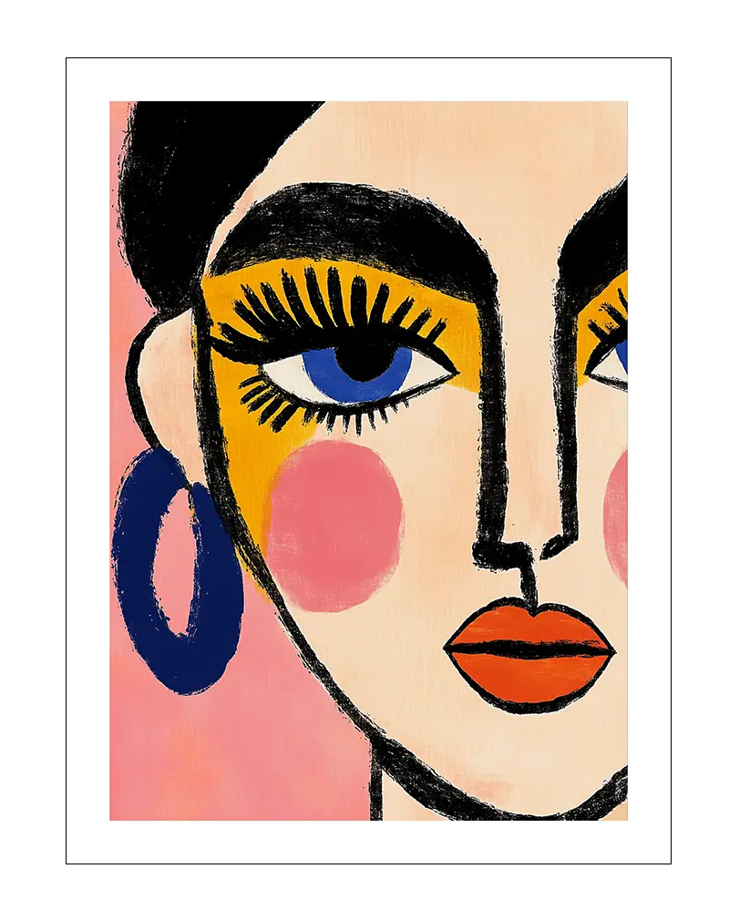 A vibrant and expressive illustration of a female portrait with bold colors and striking features, including blue eyes, orange lips, and large earrings.