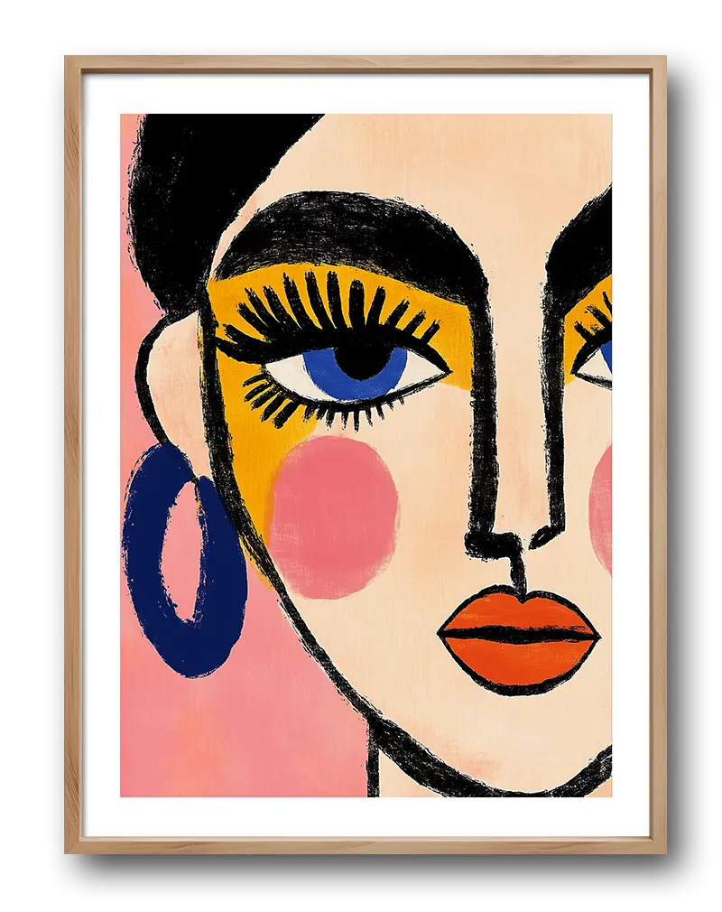 A vibrant and expressive illustration of a female portrait with bold colors and striking features, including blue eyes, orange lips, and large earrings.