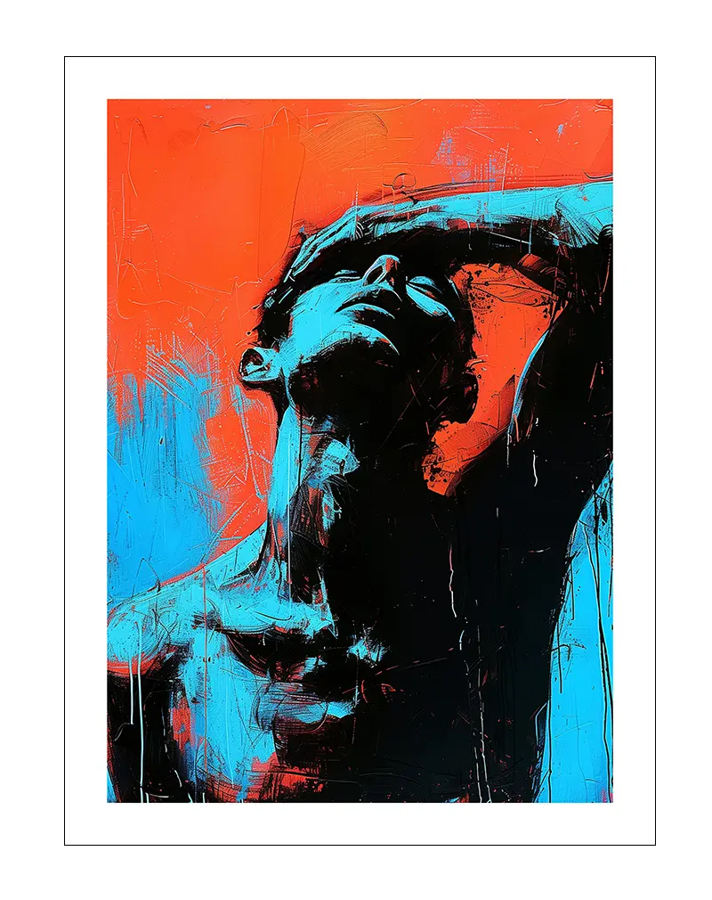 A striking abstract expressionist illustration of a figure in intense emotion, with bold strokes of red, blue, and black. Perfect wall art for a modern or contemporary space, adding depth and raw energy to your decor