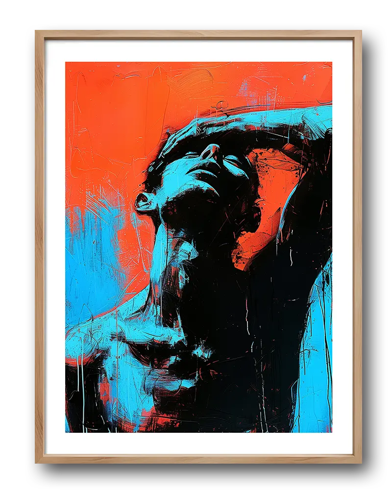 A striking abstract expressionist illustration of a figure in intense emotion, with bold strokes of red, blue, and black. Perfect wall art for a modern or contemporary space, adding depth and raw energy to your decor