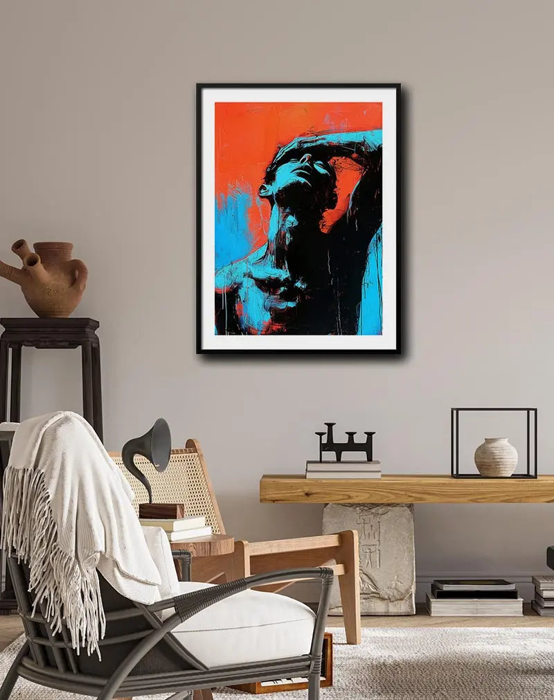 A striking abstract expressionist illustration of a figure in intense emotion, with bold strokes of red, blue, and black. Perfect wall art for a modern or contemporary space, adding depth and raw energy to your decor