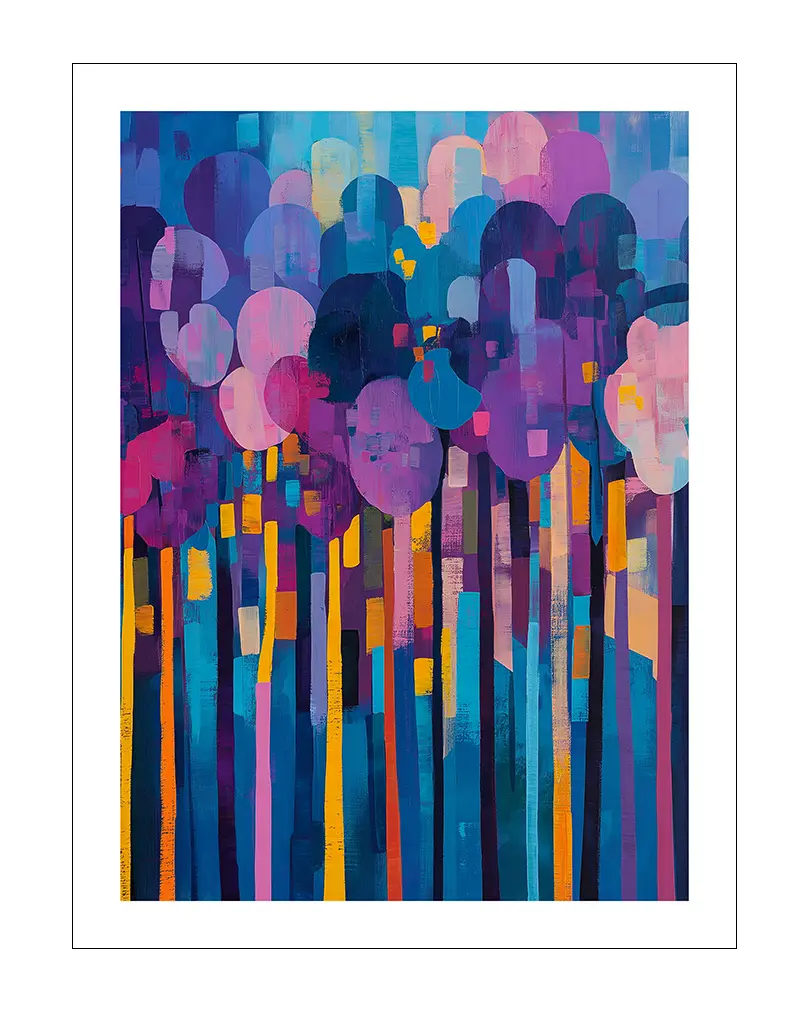 A vibrant abstract painting of trees with colorful trunks and circular leaves in shades of blue, purple, and orange. Perfect wall art for adding a dynamic and artistic touch to any living space