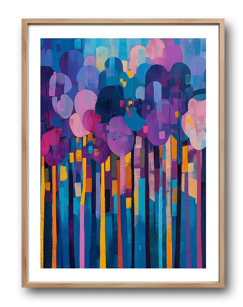 A vibrant abstract painting of trees with colorful trunks and circular leaves in shades of blue, purple, and orange. Perfect wall art for adding a dynamic and artistic touch to any living space