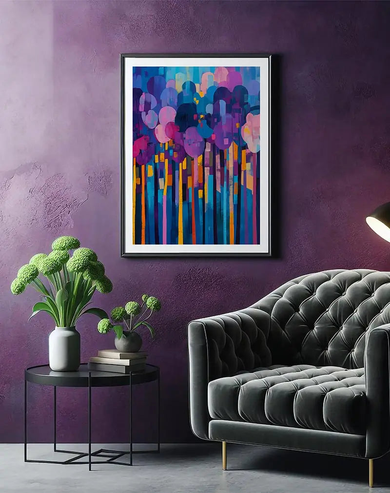 A vibrant abstract painting of trees with colorful trunks and circular leaves in shades of blue, purple, and orange. Perfect wall art for adding a dynamic and artistic touch to any living space