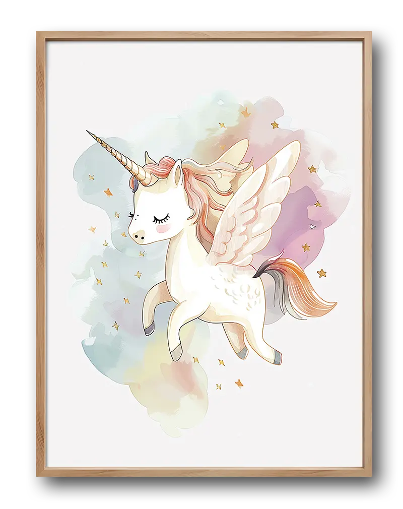 A charming illustration of a flying unicorn with delicate wings and soft pastel clouds. This dreamy wall art is perfect for a child's room or nursery, adding a touch of magic and wonder to any space