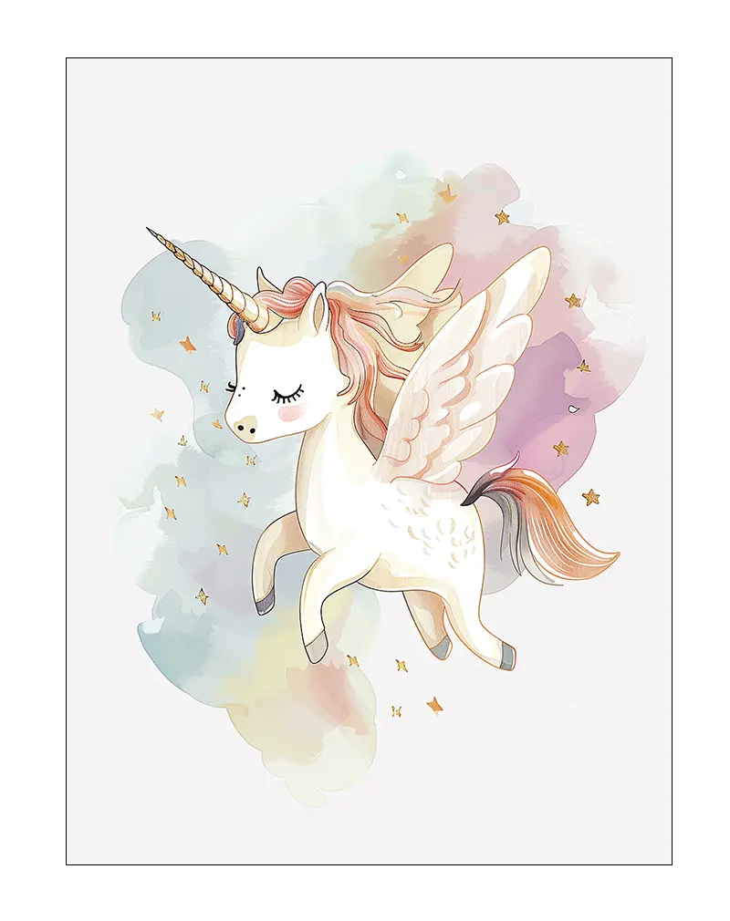 A charming illustration of a flying unicorn with delicate wings and soft pastel clouds. This dreamy wall art is perfect for a child's room or nursery, adding a touch of magic and wonder to any space