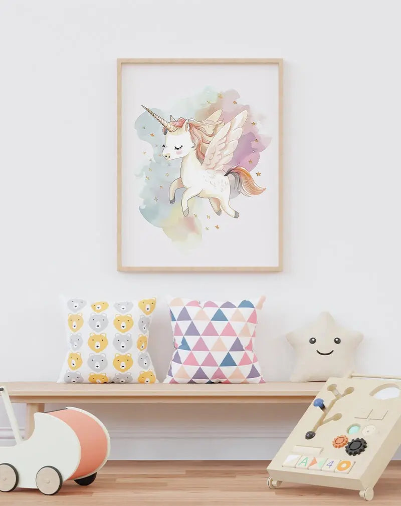 A charming illustration of a flying unicorn with delicate wings and soft pastel clouds. This dreamy wall art is perfect for a child's room or nursery, adding a touch of magic and wonder to any space