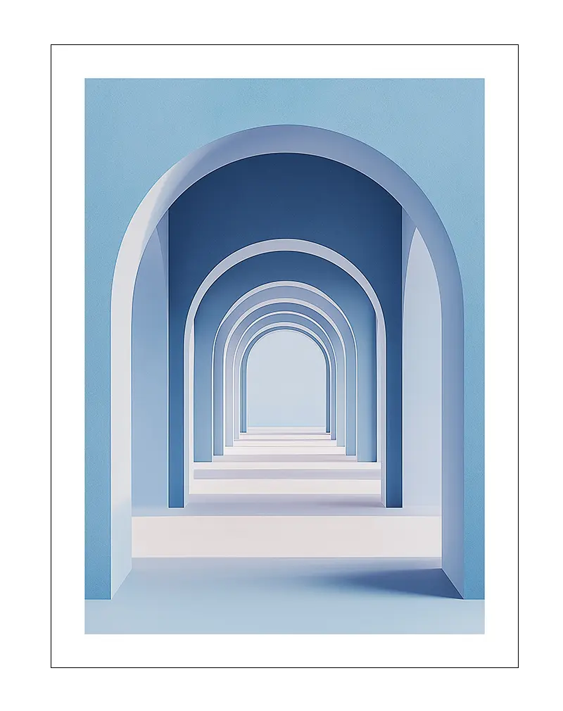 Minimalist design of a series of blue archways creating an infinite perspective. Perfect wall art for adding a modern and serene touch.