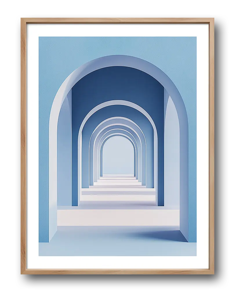 Minimalist design of a series of blue archways creating an infinite perspective. Perfect wall art for adding a modern and serene touch.