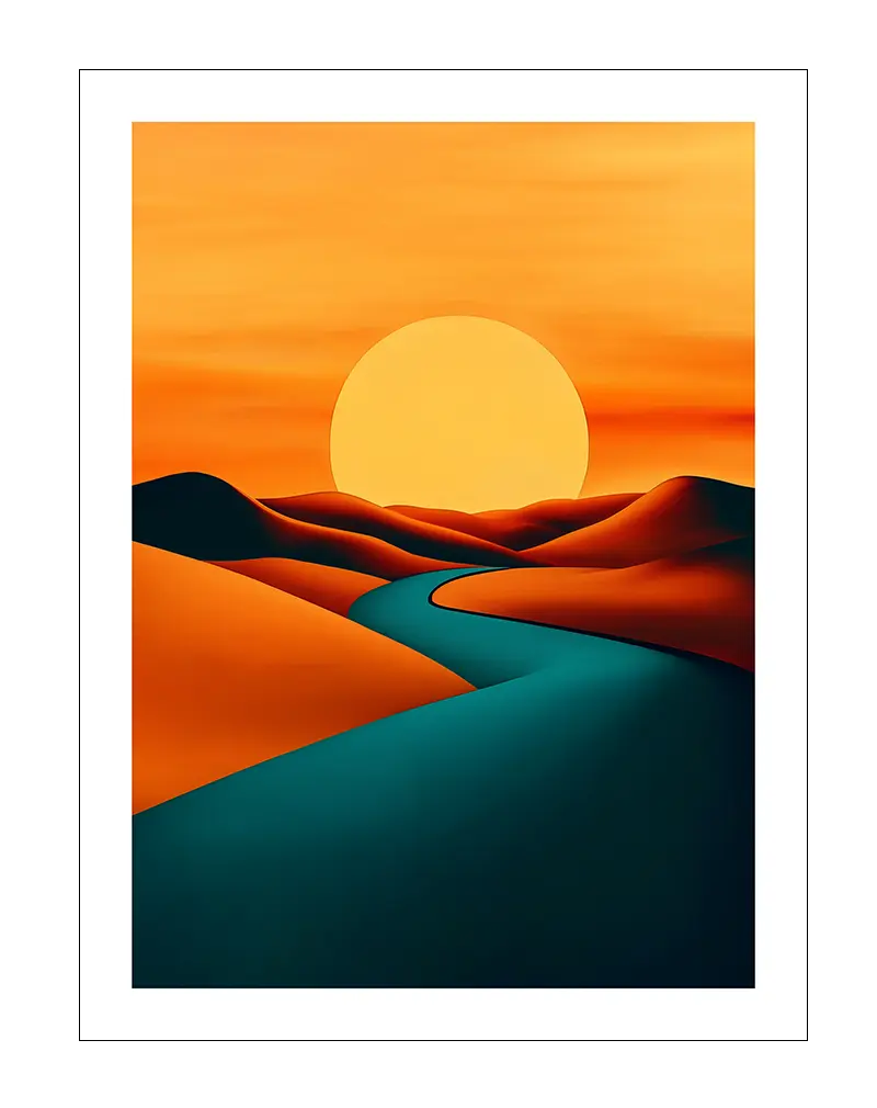 A minimalistic illustration of a winding river cutting through orange dunes at sunset, with the sun glowing large in the background. The bold use of color adds a surreal, dreamlike quality to the artwork. Perfect wall art for adding warmth and a modern aesthetic to any space