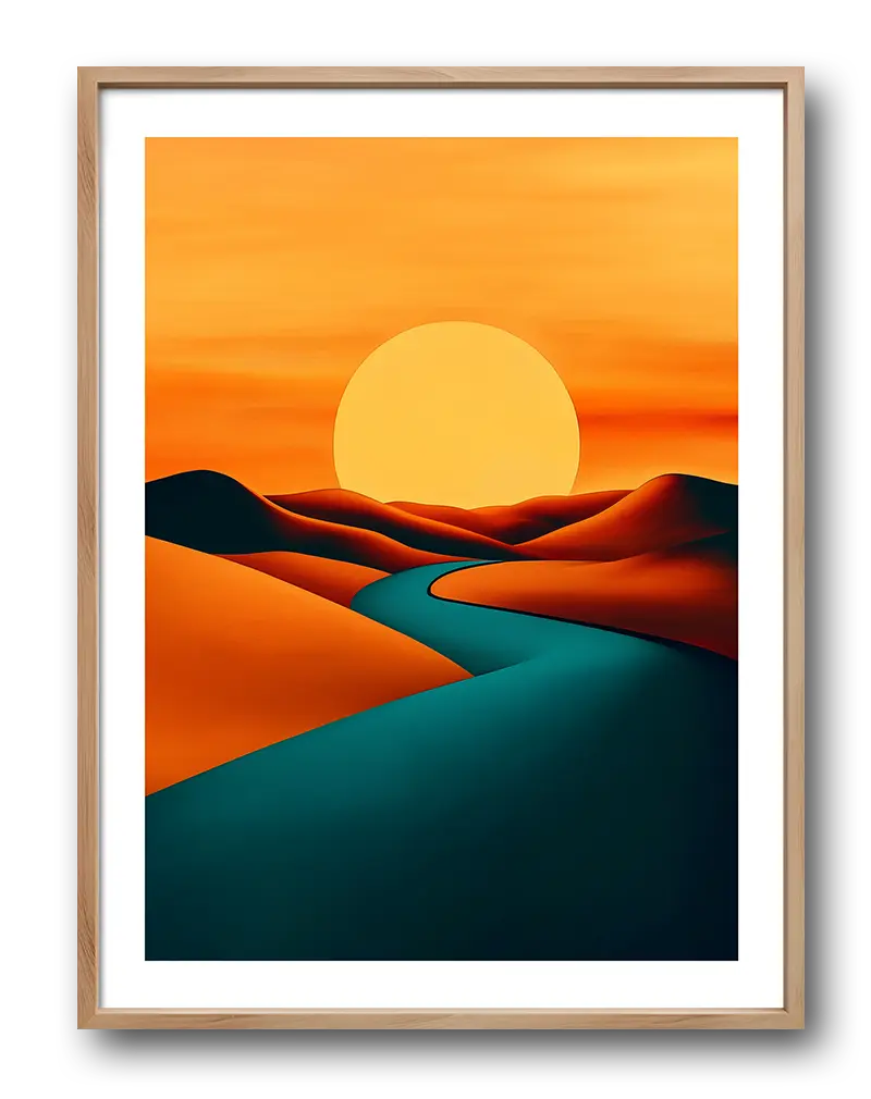 A minimalistic illustration of a winding river cutting through orange dunes at sunset, with the sun glowing large in the background. The bold use of color adds a surreal, dreamlike quality to the artwork. Perfect wall art for adding warmth and a modern aesthetic to any space