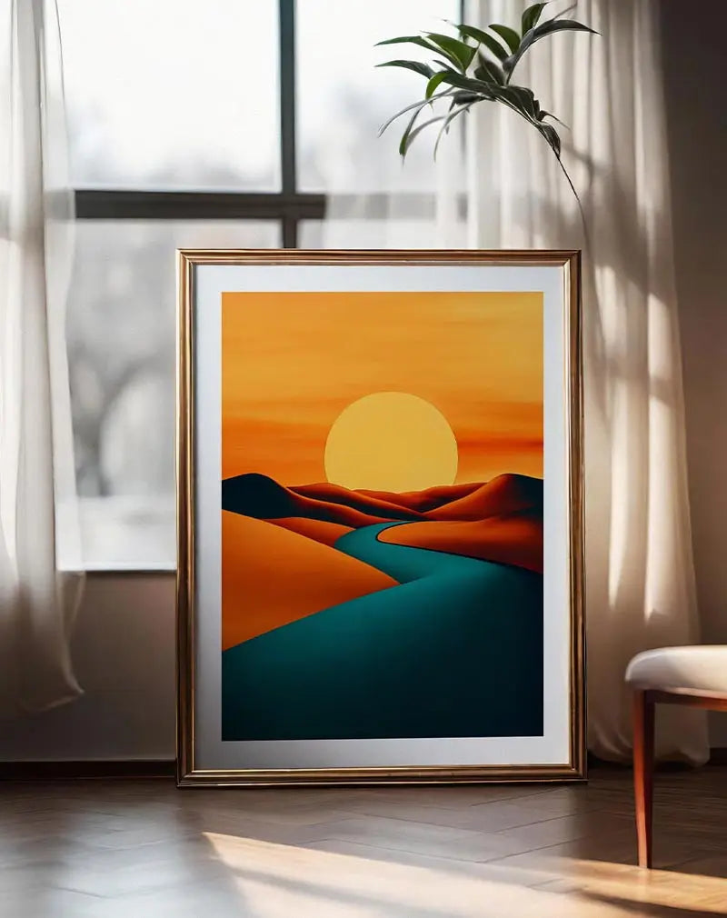 A minimalistic illustration of a winding river cutting through orange dunes at sunset, with the sun glowing large in the background. The bold use of color adds a surreal, dreamlike quality to the artwork. Perfect wall art for adding warmth and a modern aesthetic to any space