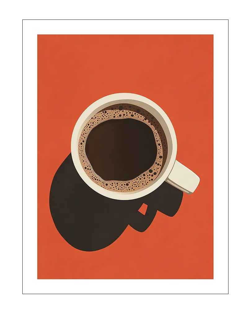 A minimalist illustration of a coffee cup with a bold orange background, capturing the essence of a perfect morning brew. This wall art adds warmth and a modern touch to any kitchen or coffee corner