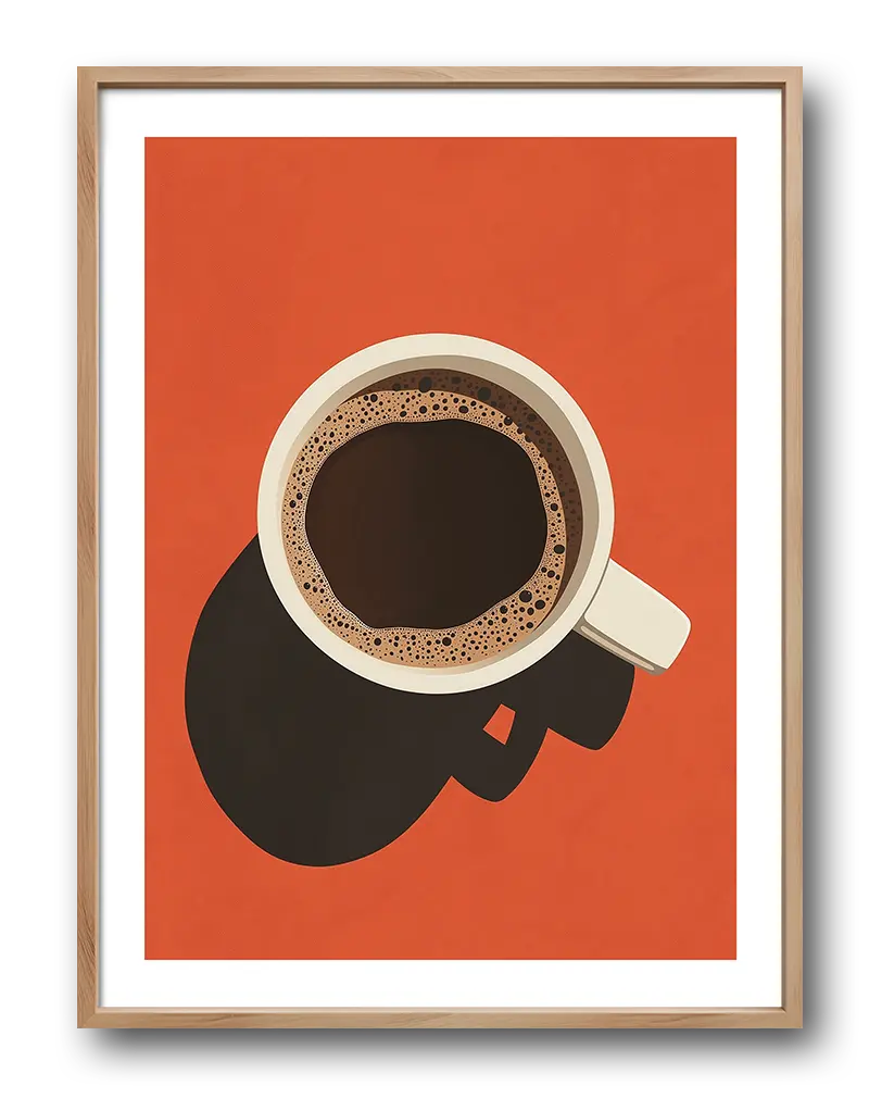 A minimalist illustration of a coffee cup with a bold orange background, capturing the essence of a perfect morning brew. This wall art adds warmth and a modern touch to any kitchen or coffee corner