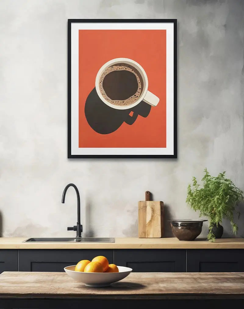 A minimalist illustration of a coffee cup with a bold orange background, capturing the essence of a perfect morning brew. This wall art adds warmth and a modern touch to any kitchen or coffee corner